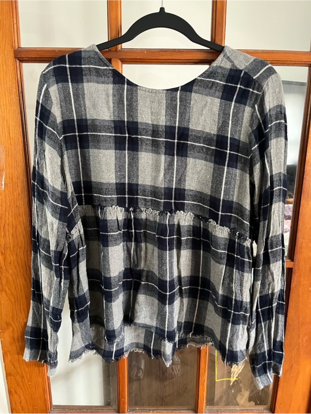 cloth & stone Navy and Gray Plaid Long Sleeve Peplum Blouse